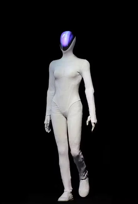 A white humanoid robot with a smooth purple visor walks toward the camera against a black background, one foot forward, arms swinging.