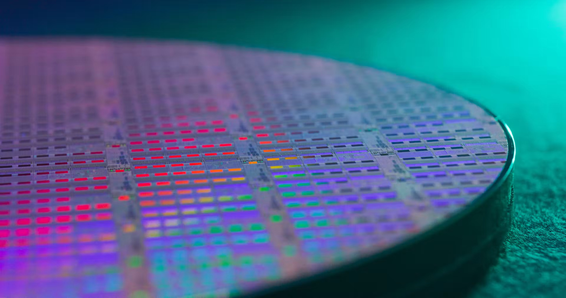 A silicon wafer photographed at a low angle, its surface covered in rows of rectangular dies that refract light in bands of red, purple, and green.